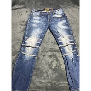 AKOO Jeans Mens 34 x 28 Distressed Grunge Zipper Hip Hop Blue Denim Destroyed